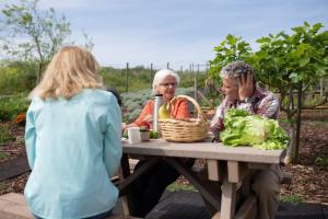 Grupo de personas mayores disfrutando de una comida al aire libre en comunidad